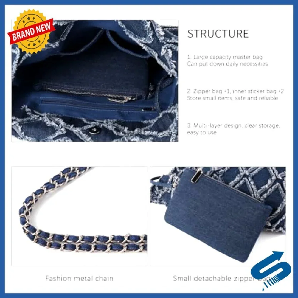 Large Quilted Denim Tote Bag with Chain Strap and Wallet